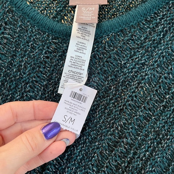 Chico’s Metallic Knit Triangle Poncho In Goddess Green - Picture 8 of 10